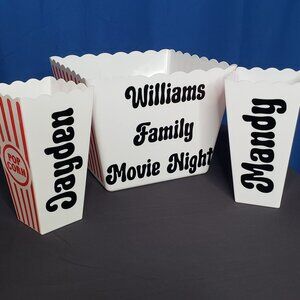 Personalized Popcorn Buckets. Family Movie or Game Night Gift 3 piece bundle